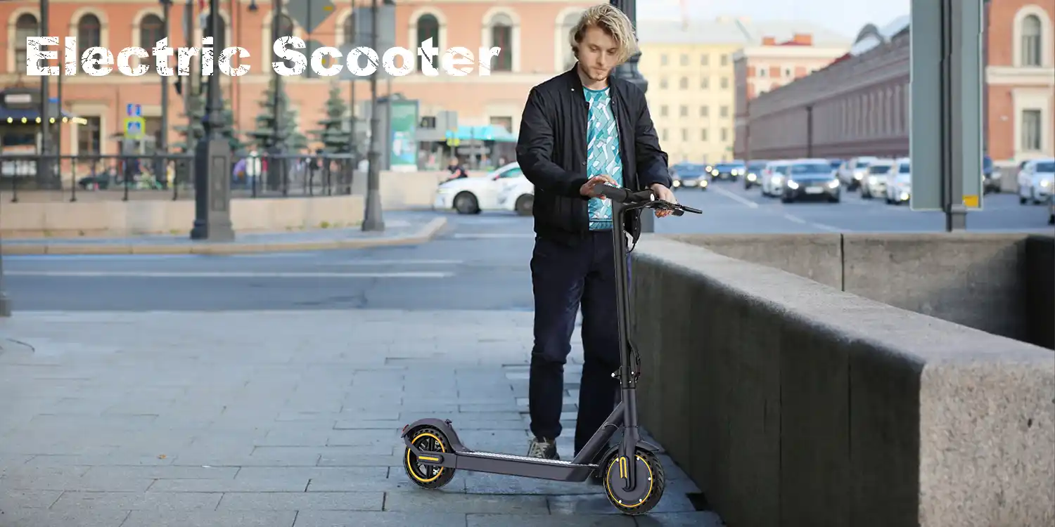 Man with Navic electric scooter in city urban environment